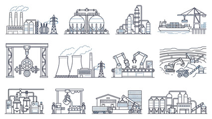 Naklejka premium Industrial icons set with factories and machinery.
