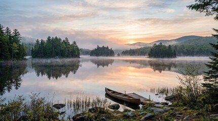 Obraz premium Spring morning over a lake with islands in Maine with low mist, tranquil nature landscape and travel destination concept, serene water reflections, soft dawn light, pine forest atmosphere, peaceful