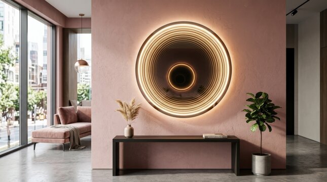 Futuristic round infinity mirror glows on pink textured wall, creating stylish ambient light in modern interior design, modern commercial concept, clean visual storytelling, stock appeal, natural