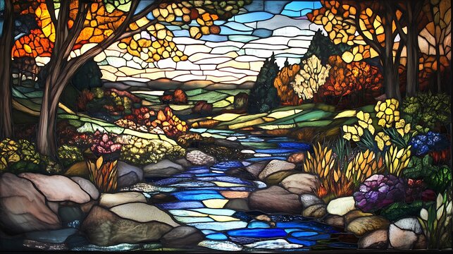 Autumn landscape stained glass panel with stream and foliage