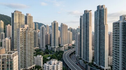 Fototapeta premium High rise residential buildings dominating the Hong Kong skyline, dense urban housing scene for architecture editorials and real estate campaigns, towering facades and metropolitan scale, clean