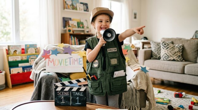 Child pretending to be a director, playful imagination portrait with creativity, costume roleplay and joyful home lifestyle in a bright indoor setting, soft natural light, realistic detail, clean