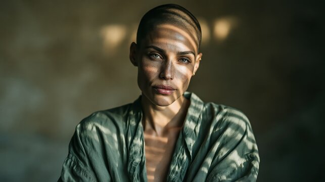 Portrait of a woman with a buzz cut wearing a green shirt with artistic light and shadow patterns