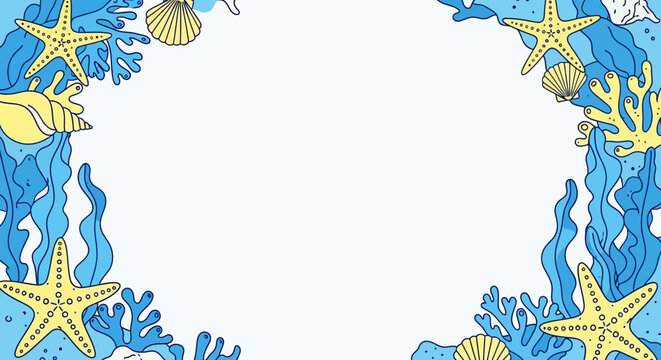 Decorative ocean border frame featuring starfish, shells, and blue coral for invitations, posters, and coastal-themed designs