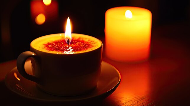Warm, glowing flames illuminate a small candle burning inside a ceramic cup next to a larger pillar candle