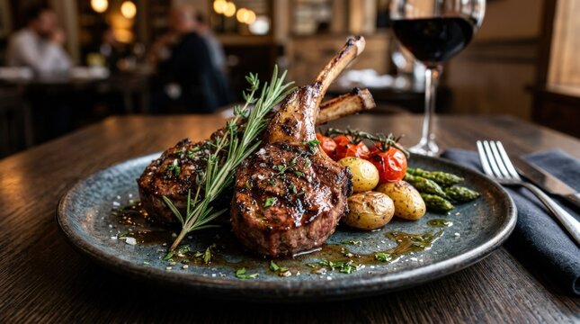 Closeup of grilled lamb chops on a plate, appetizing gourmet food concept for restaurant menus, catering, hospitality and culinary advertising, rich sear texture, elegant presentation, photorealistic,