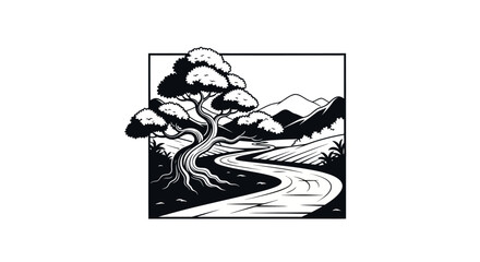 Obraz premium Black and white illustration of a stylized bonsai tree by a winding path.