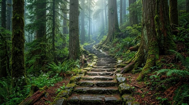 Staircase in the forest, surreal architectural path through nature for travel, fantasy, self discovery and conceptual landscape themes, soft greenery, mysterious ascent, atmospheric perspective,