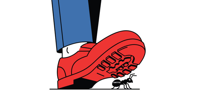 A stylized illustration of a person's leg in blue trousers and a red shoe steps firmly on a small black ant labeled competitor on a clean white surface.