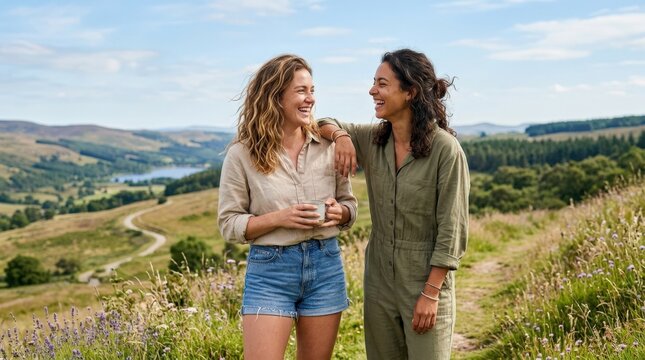Two friends sharing a moment outdoors under a blue sky, friendship and carefree lifestyle concept with casual fashion, natural smiles and open-air mood, bright daylight, realistic skin tones, polished