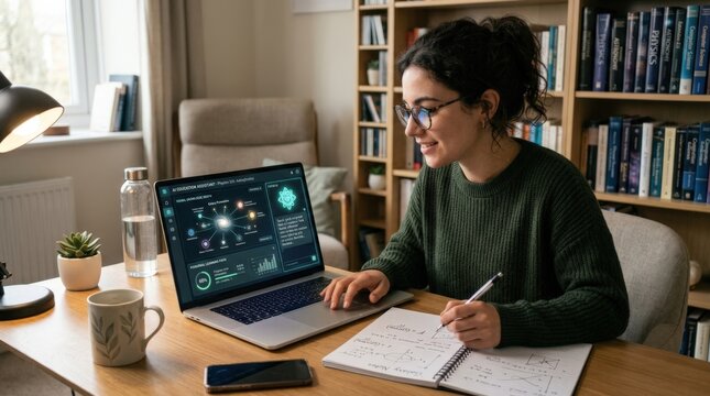 Student using AI powered e learning assistant on laptop, online education technology and personalized learning concept with intelligent tutoring and knowledge management, modern study setting, glowing