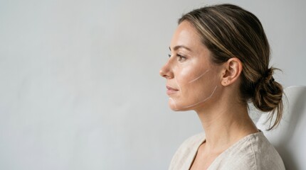 Fototapeta premium Side view of a woman with radiant skin and contour lines on a light background, aesthetic beauty planning, facial symmetry and cosmetic consultation concept, clean minimal studio backdrop, soft