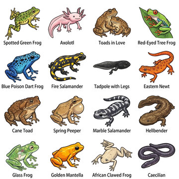 Educational Illustration of Various Amphibian Species with Names