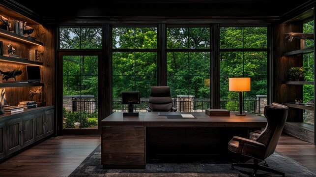 Luxurious private study features dark wood millwork and expansive windows overlooking lush greenery