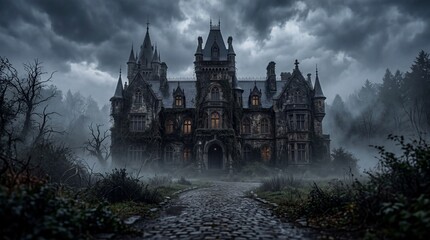 Obraz premium Mysterious haunted house exploration dark forest photography eerie atmosphere low angle spooky theme