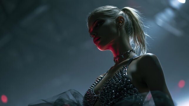 A stylish young woman in a studded black bustier posing against a dark atmospheric background