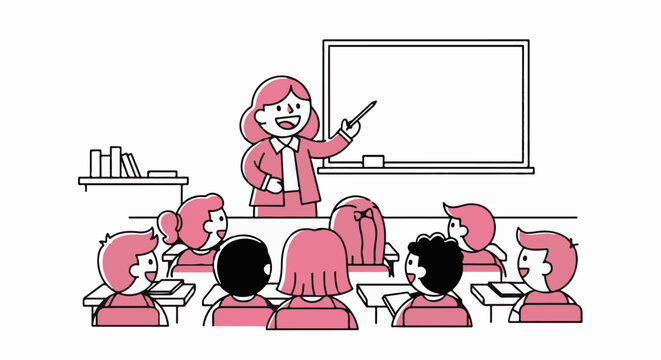 Illustrated female teacher instructing students in classroom setting.