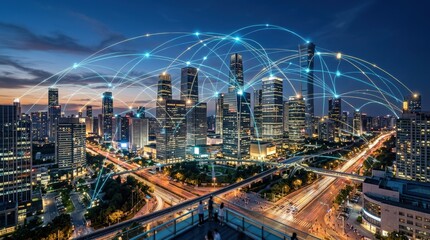 Wireless network and connection city concept, glowing data links over a modern skyline, smart communication systems and digital infrastructure in a clean futuristic urban scene, luminous accents, © Coosh448