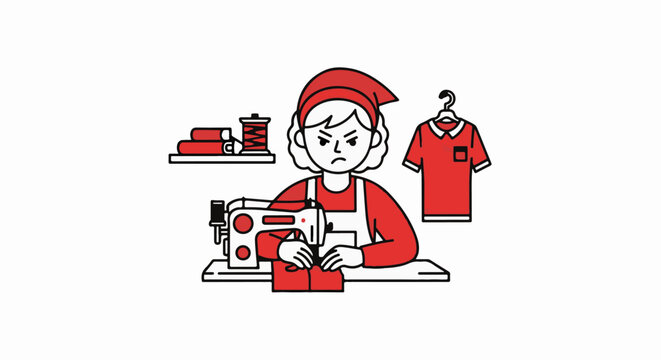 Illustration of frustrated tailor sewing red clothing items.