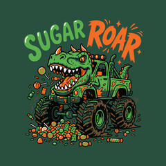Cartoon dinosaur monster truck eating sweets and candy with Sugar Roar text © MdAnisul