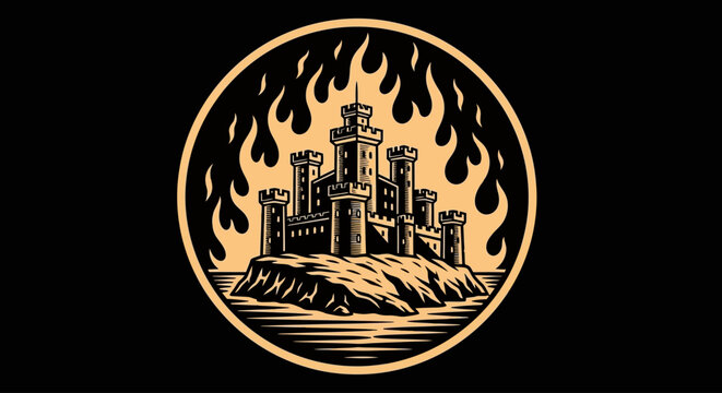 Castle on fire, burning castle logo, medieval fortress on flames, emblem concept