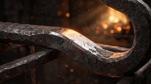Macro close-up of a rough forged iron hook with a glowing blacksmith forge and sparks in the blurred background.