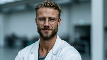 Fototapeta premium Portrait of a Professional Caucasian Male Scientist Wearing a White Lab Coat in a Modern Clinic