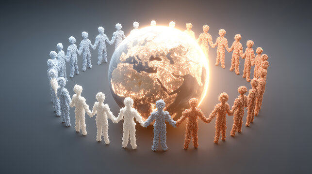 Group of interconnected human figures holding hands around glowing Earth symbolizes unity and global cooperation against cancer. figures are diverse in color, representing inclusivity