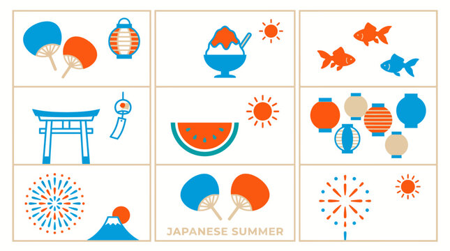Vibrant Japanese Summer Icons: a vector collection of uchiwa fans, chochin lanterns, fireworks, koi fish, watermelon, torii gates, parasols, and seaside motifs in blue and orange
