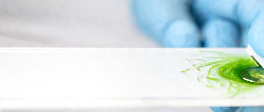 Hand in a blue glove carefully smearing a green gel or plant extract drop on a microscope slide.
