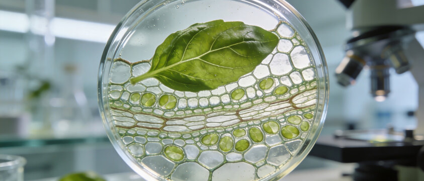 Close-up of a petri dish with a green leaf and overlaid plant cell structure texture against a blurred microscope background.