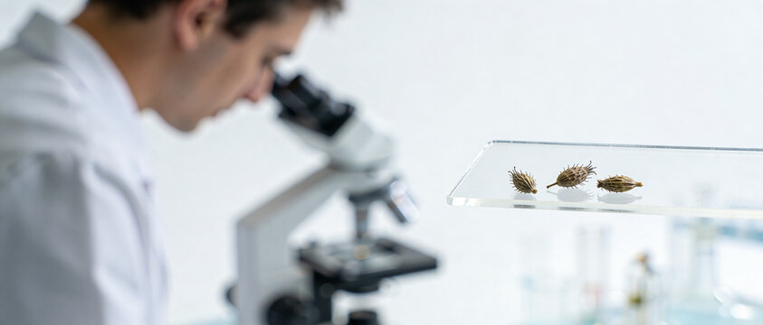 Scientist works with a microscope while three dry plant seed pods lie on a glass shelf in the foreground.