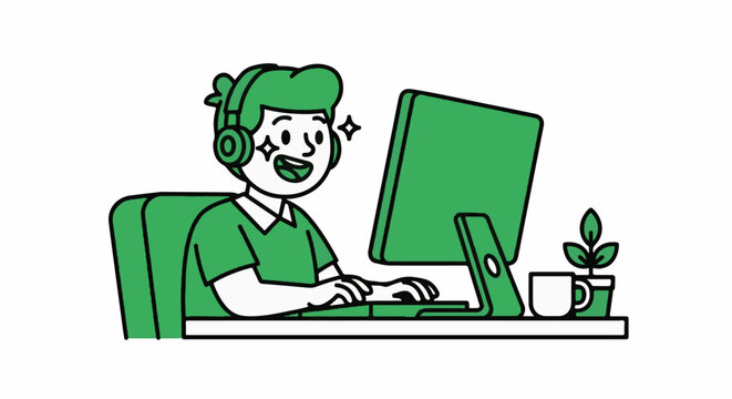Happy person working on desktop computer with headset and plant.