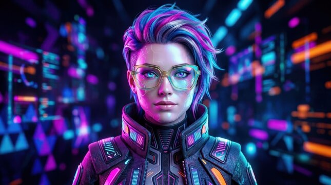 Colorful virtual portrait of humanoid in vintage glasses, futuristic fashion concept for AI identity, digital culture, innovation, cyber style and editorial design, bold chromatic lighting, clean