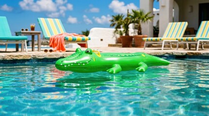 Fototapeta premium Crocodile-shaped floaty in a pool with playful summer mood, quirky vacation still life with colorful water reflections and casual leisure appeal, strong commercial value for travel, poolside fun and