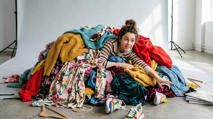 Fototapeta premium Creative concept of a person overwhelmed by a colorful clothing pile, playful fashion clutter scene with expressive styling, wardrobe chaos and bold editorial energy in a clean studio setup, soft