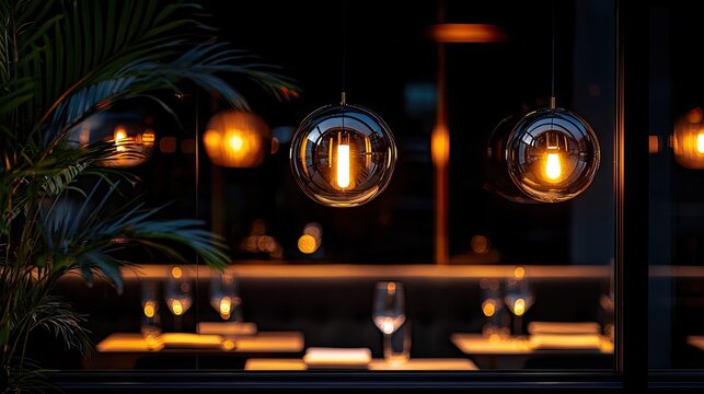 Modern glass globe pendant lights illuminate an upscale dining establishment at night