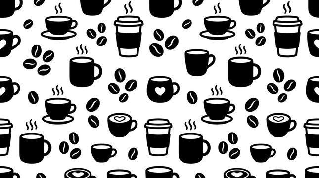 Black coffee cups and beans pattern.