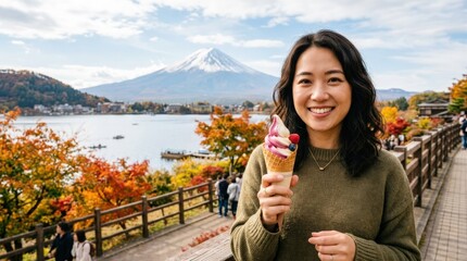 Fototapeta premium Mixed berry and vanilla soft ice cream cone in an Asian woman’s hand with Mount Fuji and Lake Kawaguchiko in autumn, cheerful travel dessert portrait polished modern mood, soft natural light,
