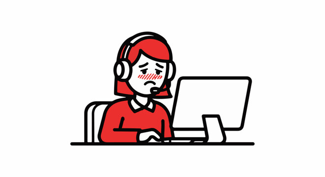 Frustrated customer service representative at computer.