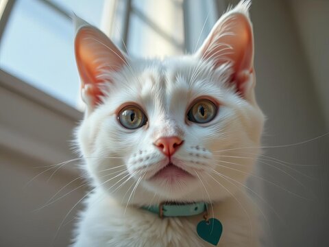 Innocent feline gaze from a low vantage, pristine white fur, delicate blue adornment, emerald tag whispers untold stories,  home,  white