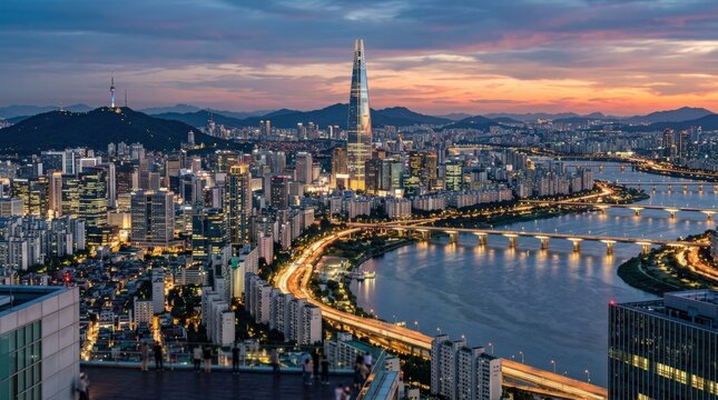 Seoul city skyline at dusk with modern high-rise buildings, urban growth, travel and business district concept for tourism campaigns and editorial city storytelling for business branding and modern