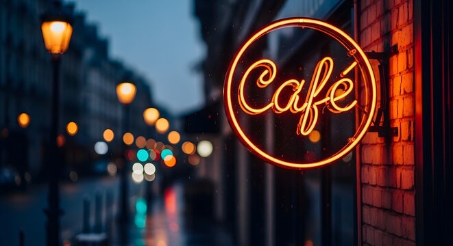 Glowing neon sign of a cafe on a brick wall at dusk