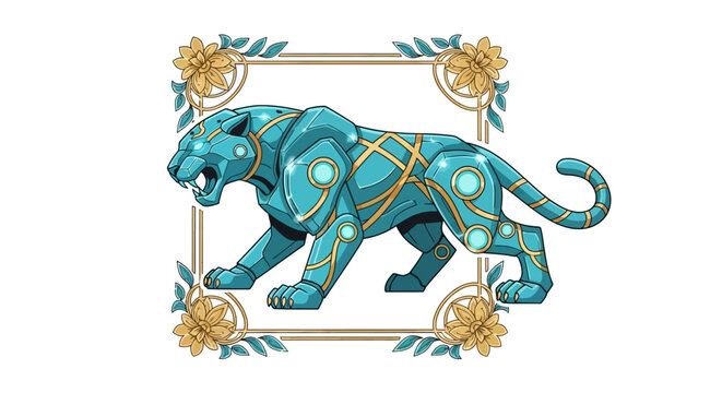 Stylized turquoise panther illustration with gold geometric patterns and celestial accents.