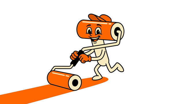 Cartoon character painting with roller.