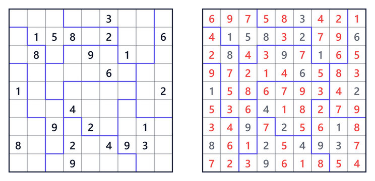 Sudoku  jigsaw expert puzzle grids with solved and unsolved versions displayed  
