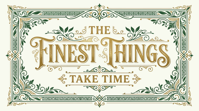 Vintage style ornate typography design with the quote The Finest Things Take Time.