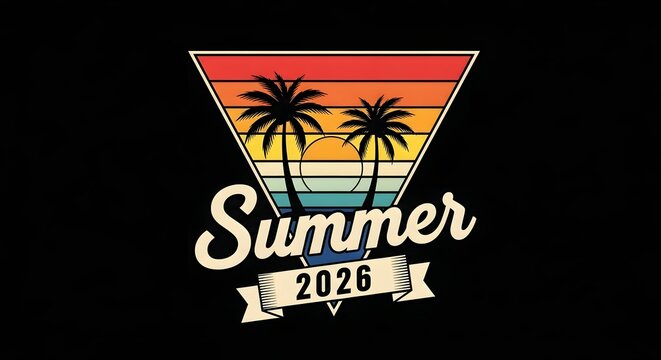 Retro vintage summer 2026 graphic design with palm trees and sunset on black background