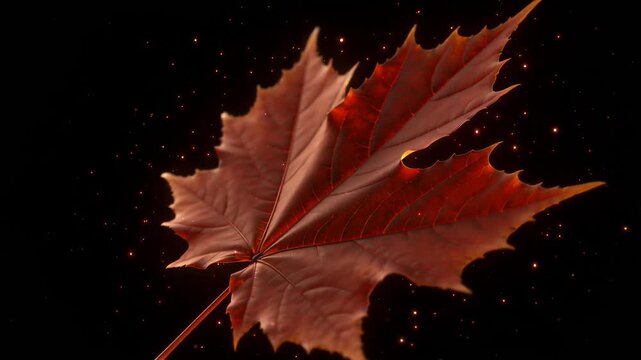 Vibrant red maple leaf against dark background with sparkling particles