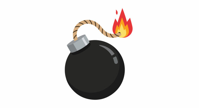 Round black bomb with a lit fuse and flames, isolated on white